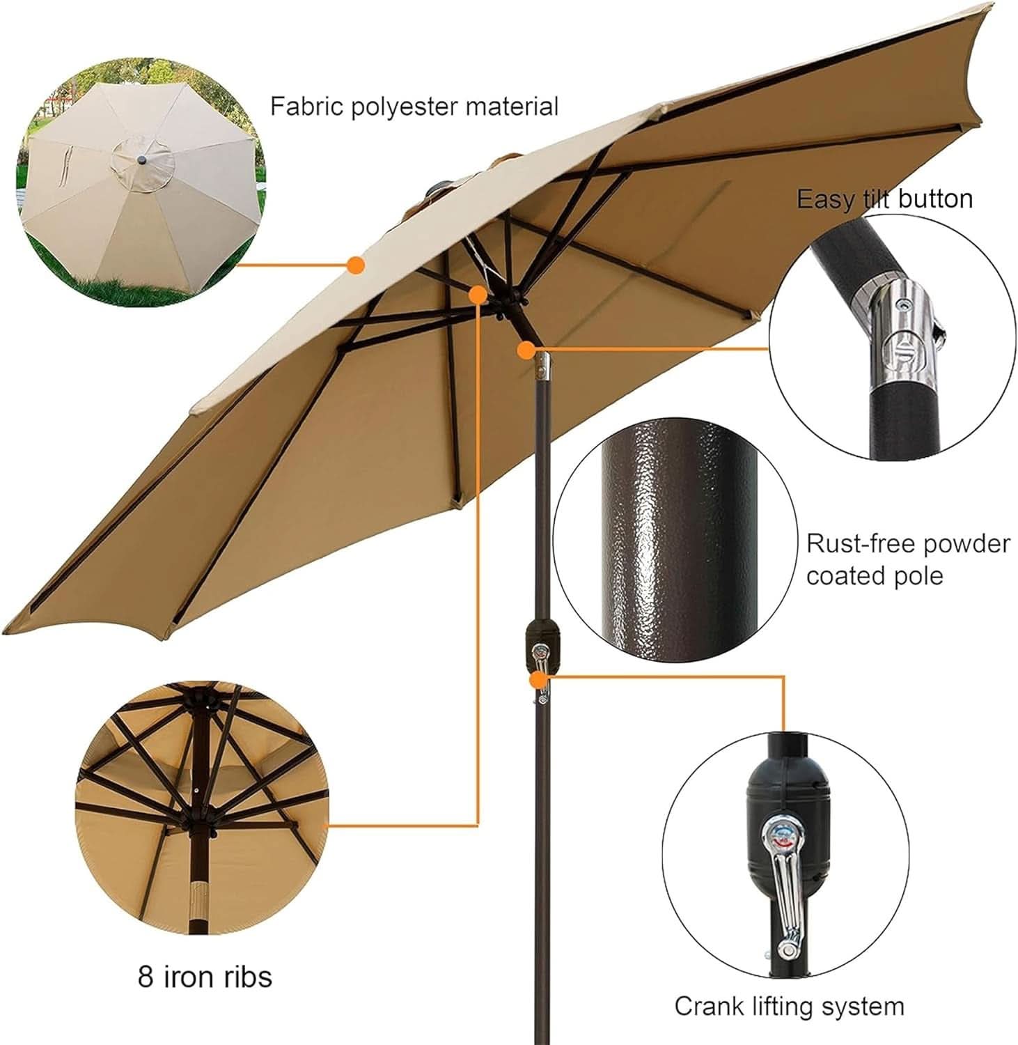 9 Foot Outdoor Patio Umbrella With Push Button Tilt in Light Tan