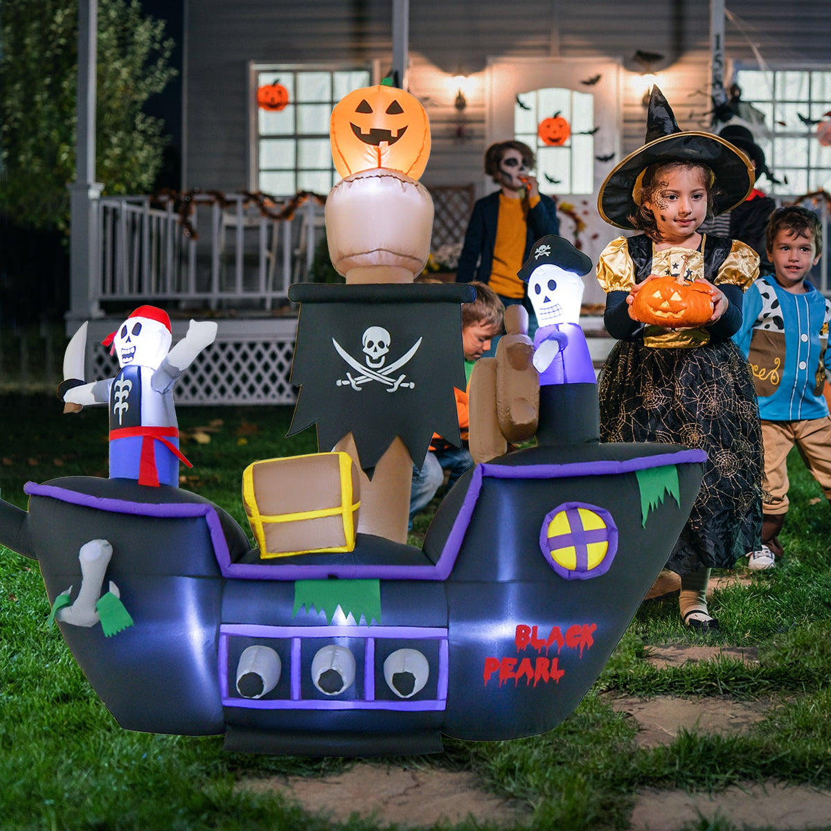 7 Ft Long Halloween Inflatable Pirate Ship with LED Lights