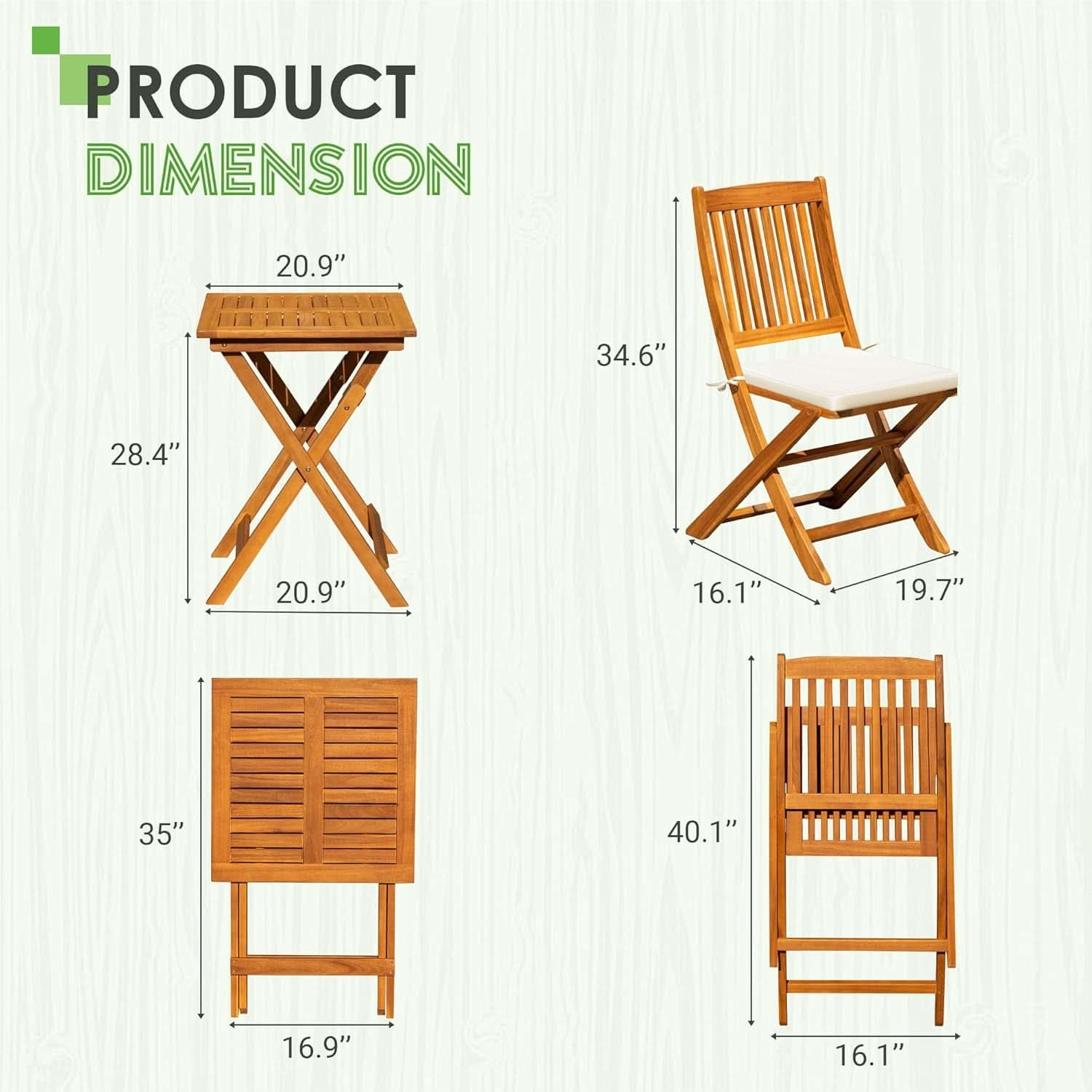 3 Piece Outdoor Folding Bistro Set With Cushions - Acacia Wood