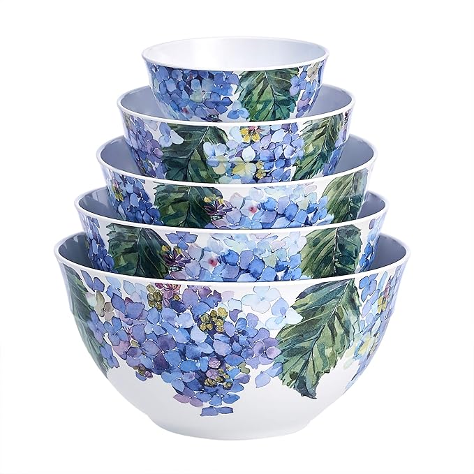 Blue Hydrangea Floral Melamine Nesting Bowls w/ Lids - 10 Pc Set