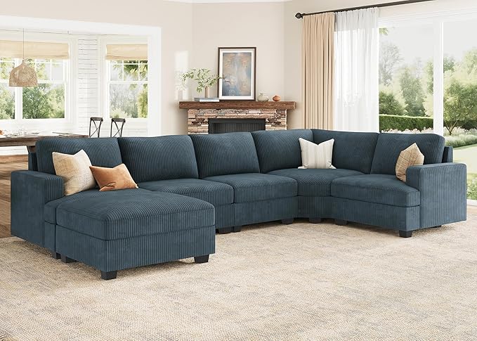 Nolany Sectional Sofa with Storage Ottoman in Blue Corduroy