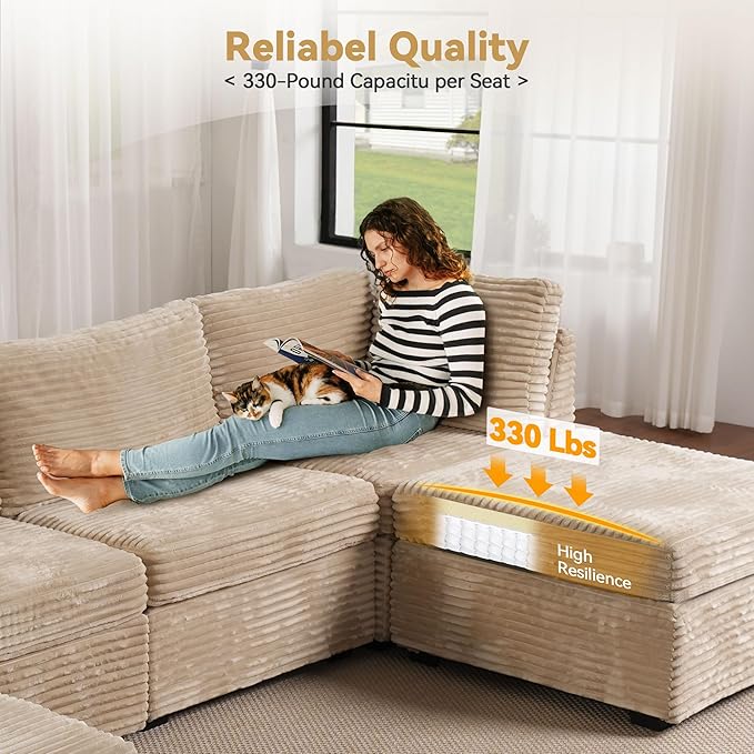 8-Seater Comfy Cloud Modular Sectional with One Movable Ottoman in Tan Corduroy