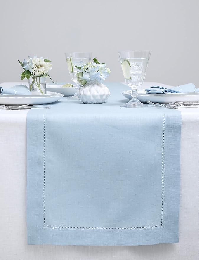 100% Pure Linen Hemstitch 14 x 90 Inch Table Runner - Sky Blue
