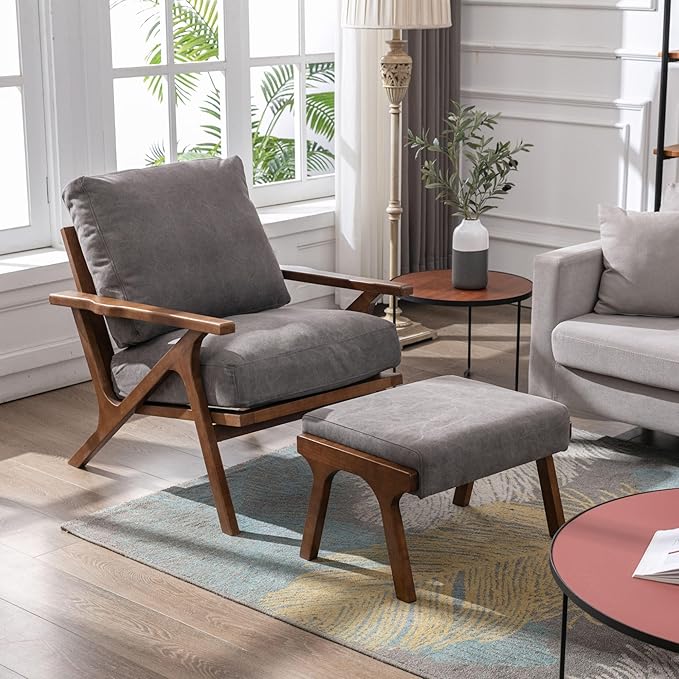 Wahson Mid Century Arm Chair and Ottoman in Gray