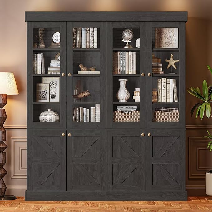 Farmhouse Bookcase with Glass Doors, Set of 3 – Black