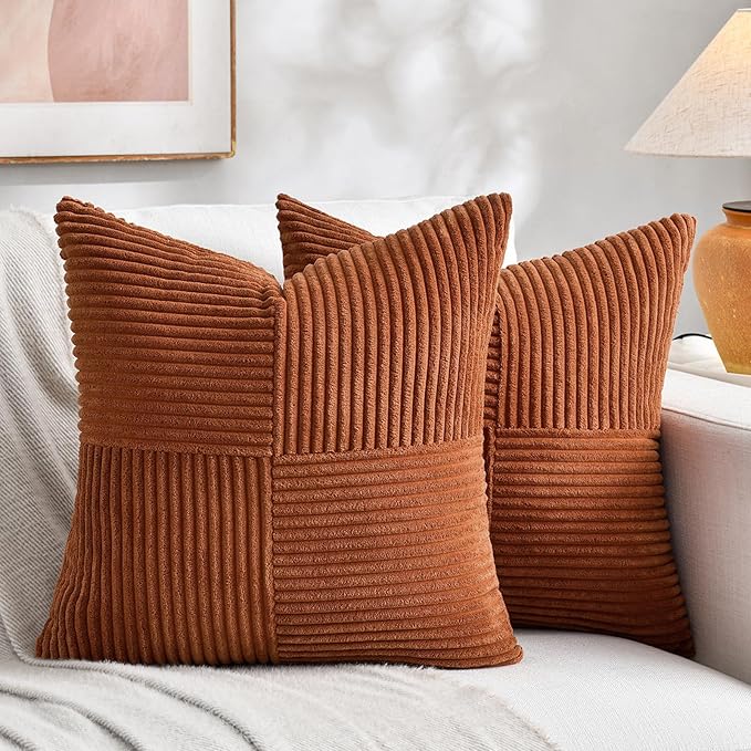 2 Pc Soft Corduroy Patchwork Pillow Covers - 18 x 18 inch, Terracotta