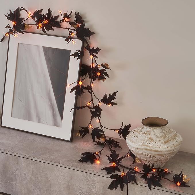 Halloween Black Maple Garland with Lights & Timer