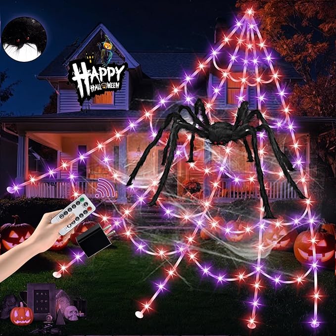 Halloween LED Lighted Spider Web - 16.4 ft Giant Halloween Decoration with 8 Lighting Modes, Orange & Purple