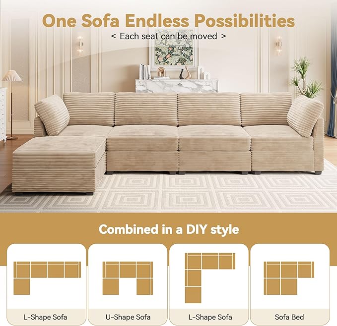 8-Seater Comfy Cloud Modular Sectional with One Movable Ottoman in Tan Corduroy