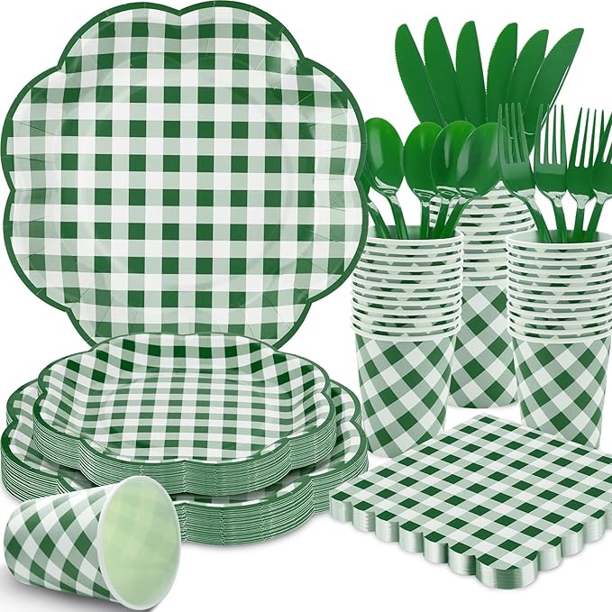 175 Pcs Green Gingham Plates and Napkins Party Supplies - Serve 25 Guests