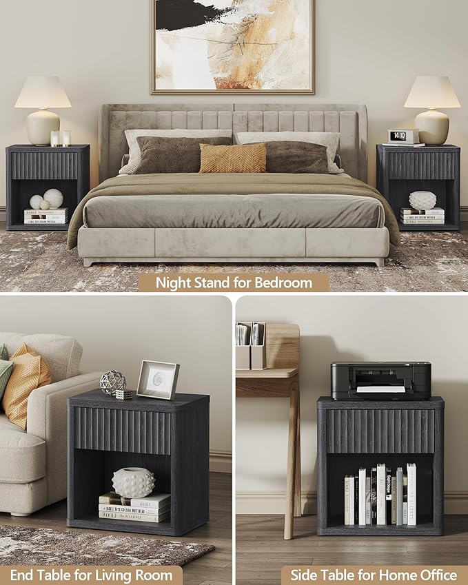 SICOTAS Fluted Bed Side Table - Dark Grey Alder