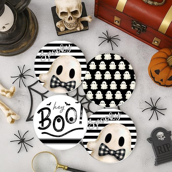Set of 6 Halloween Hey Boo Black & White Ceramic Stone Drink Coasters with Cork Base and Metal Holder