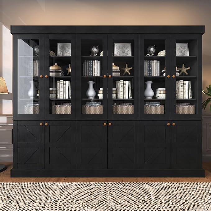 Farmhouse Bookcase with Glass Doors, Set of 3 – Black