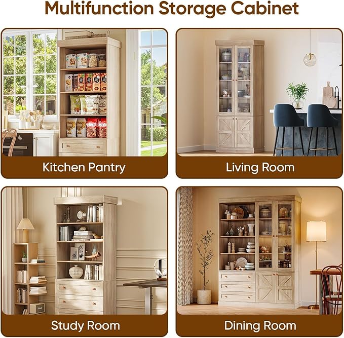 Farmhouse Bookcases with Glass Doors and Drawers, 2 Styles, Set of 4 – 2 of Each, Natural