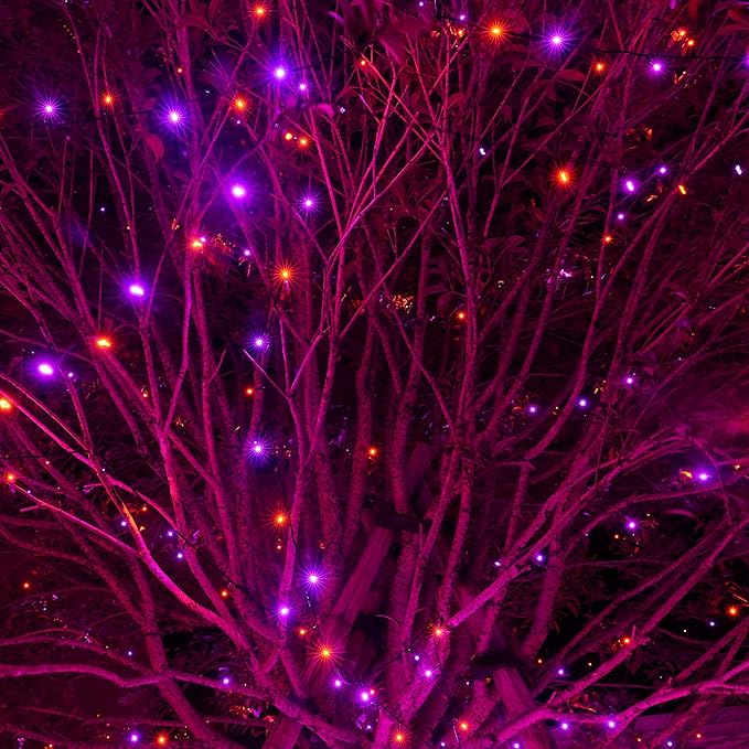 Halloween 300 LED String Lights with 8 Lighting Modes - Indoor/Outdoor, Orange + Purple