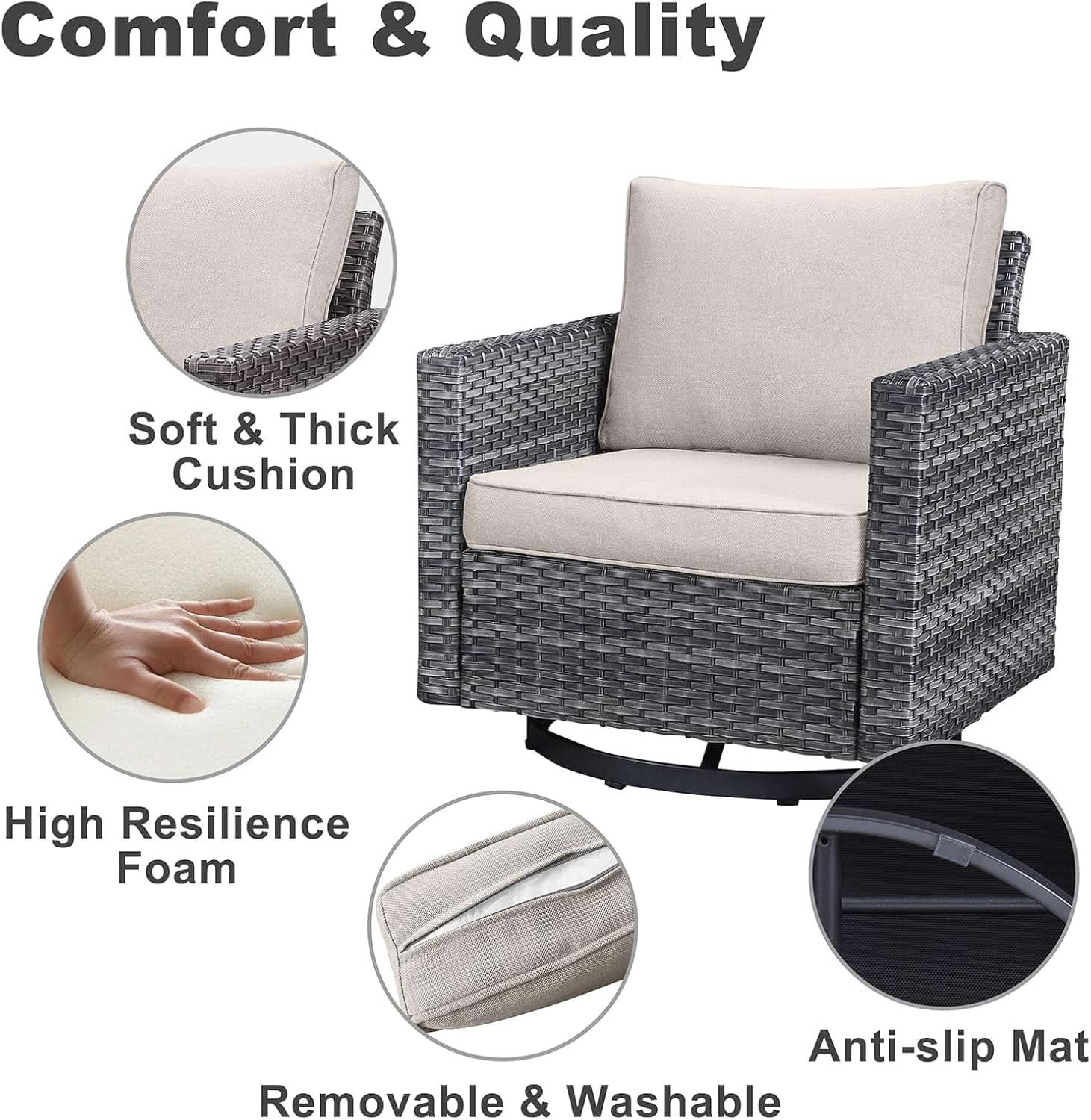 Oversize Outdoor Wicker Patio Sofa Set With 2 Swivel Chairs, 2 Ottomans, and Coffee Table in Grey/Beige