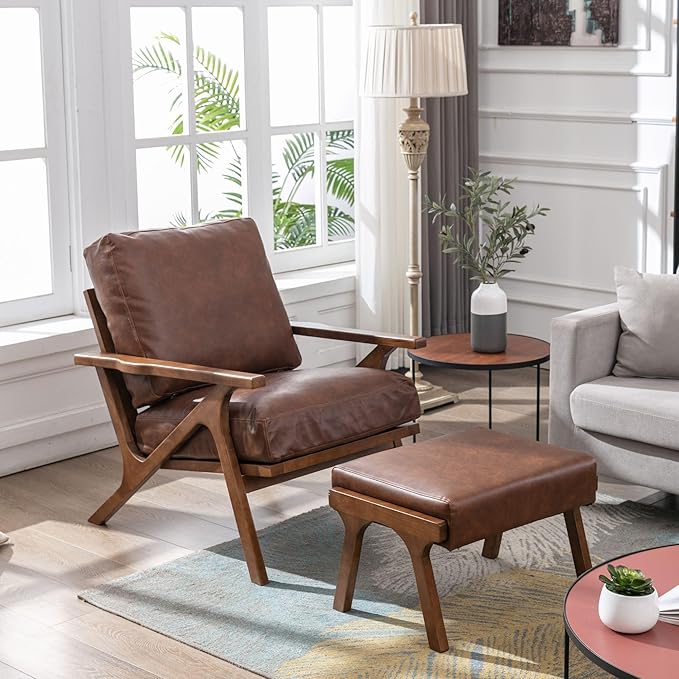 Wahson Brown Leather Mid-Century Modern Accent Chair and Ottoman Set in Faux Leather