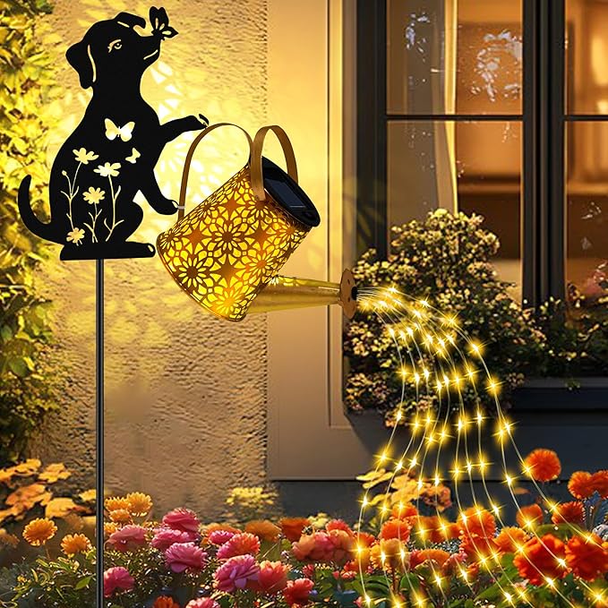 Dog With Watering Can/Cascading Lights - Solar, Waterproof
