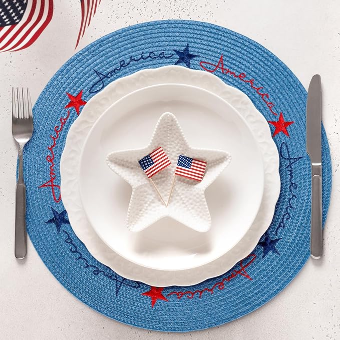 Set of 4 Round Patriotic Embroidered Place Mats