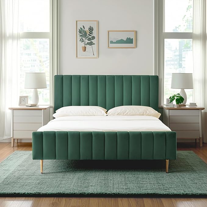 Livinia Queen Size Velvet Platform Bed in Green