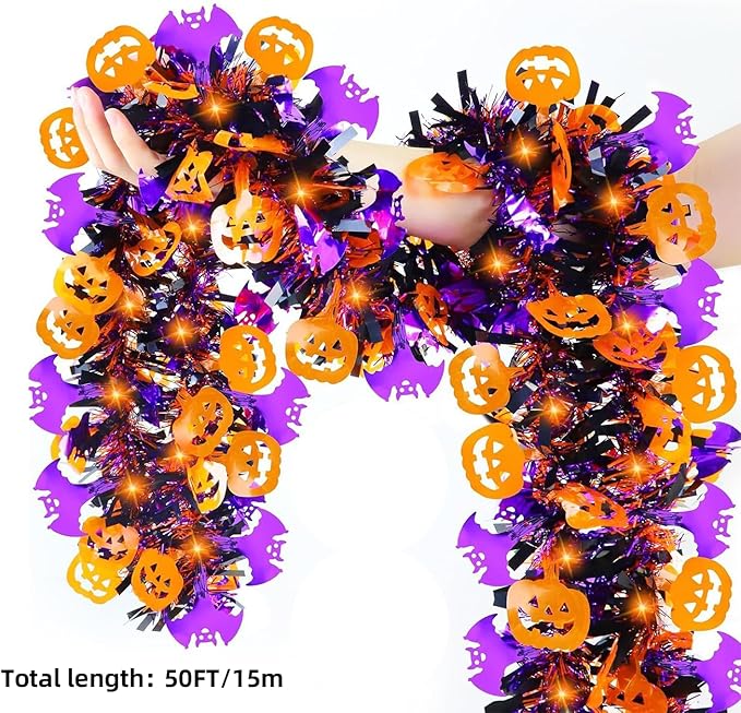 50 Ft Halloween Tinsel Garland - Pumpkins & Bats, Orange/Purple/Black