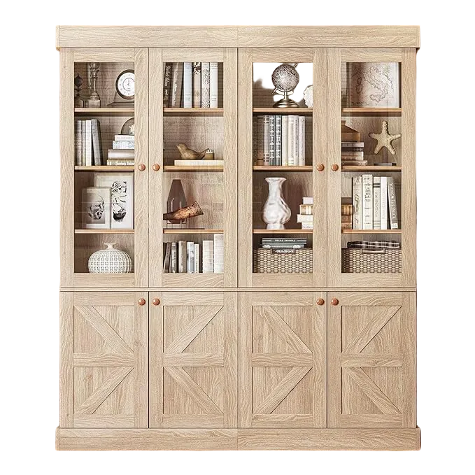 Vyre 71" Tall Farmhouse Bookshelves with Glass Doors, Set of 2 – Natural