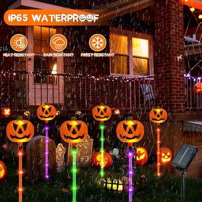 12 Pack Solar Halloween Pumpkin Lights - Orange/Purple/Green, Waterproof