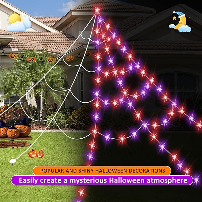 Halloween LED Lighted Spider Web - 16.4 ft Giant Halloween Decoration with 8 Lighting Modes, Orange & Purple