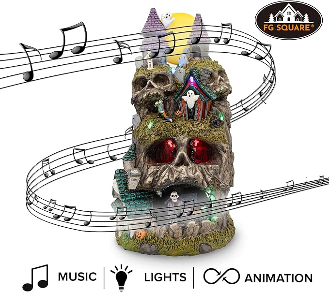 Skullstone Hollow Skull - Spooky Halloween Village - Multi-Color LED Lights, Animated Motion and Music - 7.75" x 7.5" x 13.5"