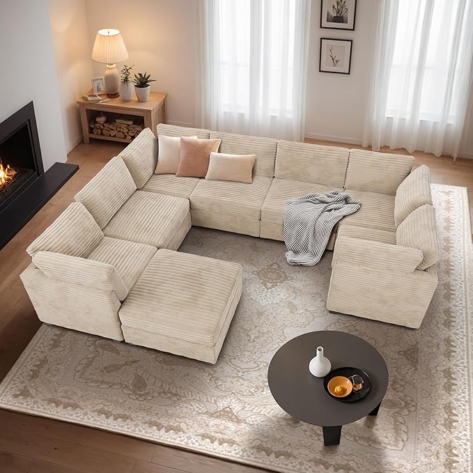 8-Seater Comfy Cloud Modular with One Movable Ottoman in Beige Corduroy