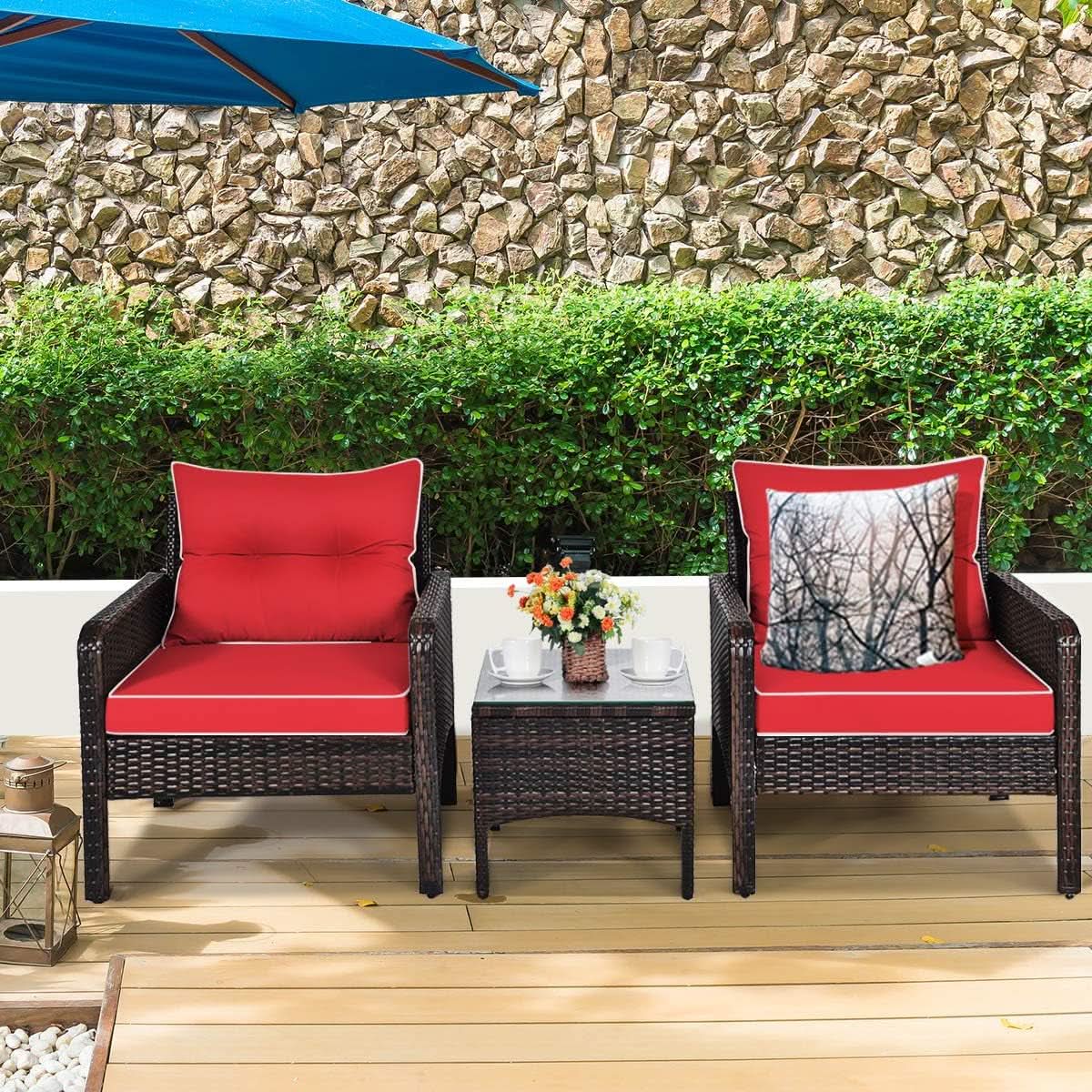3 Piece Wicker Patio Conversation Set With Red Cushions