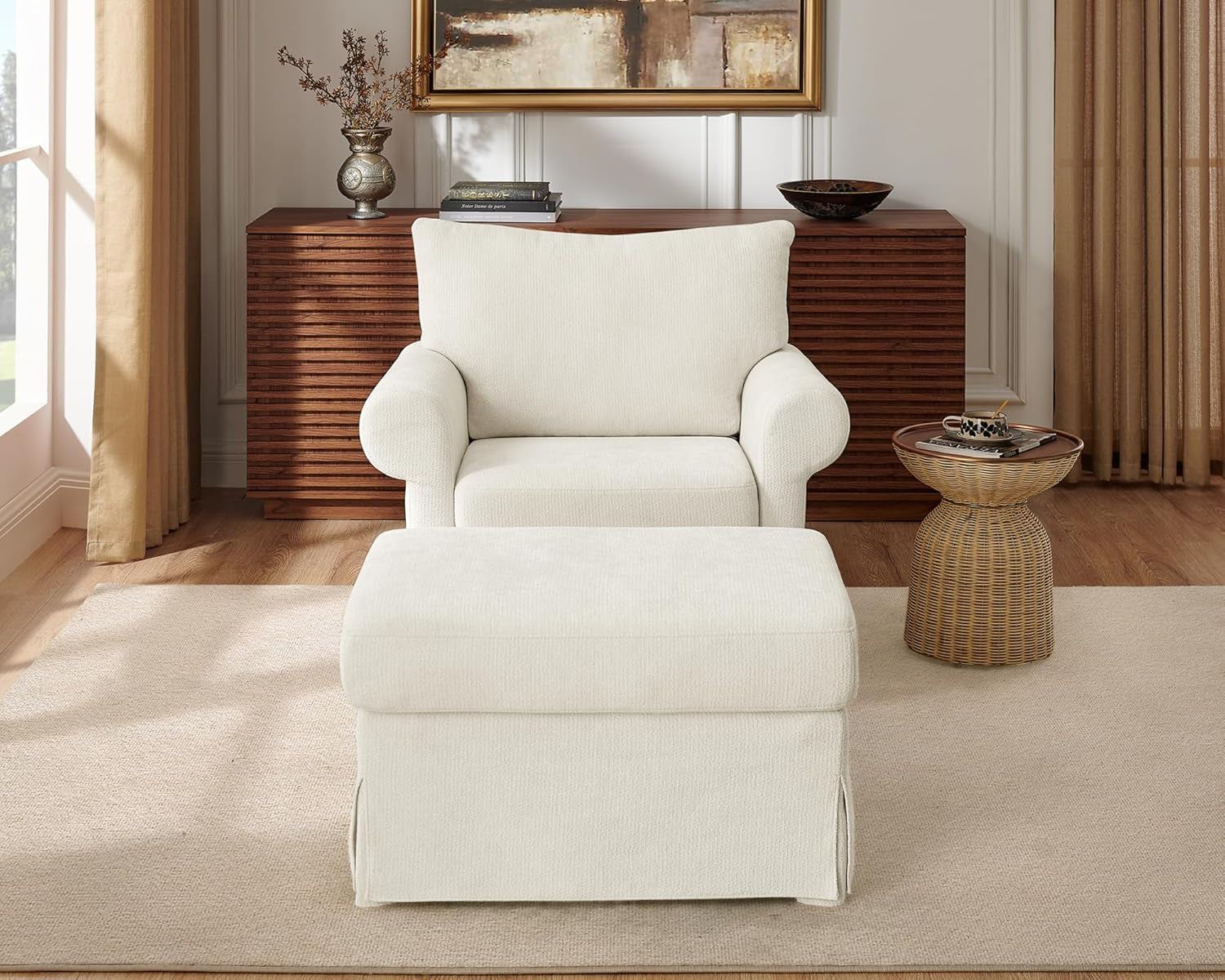 Beige Chenille Contemporary Chair & Ottoman - 2 Pc Set