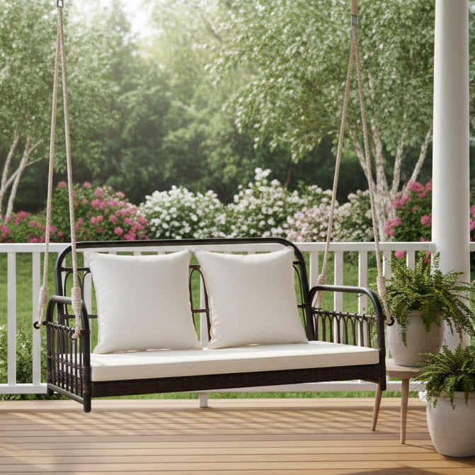 Wicker Porch Swing with White Cushions
