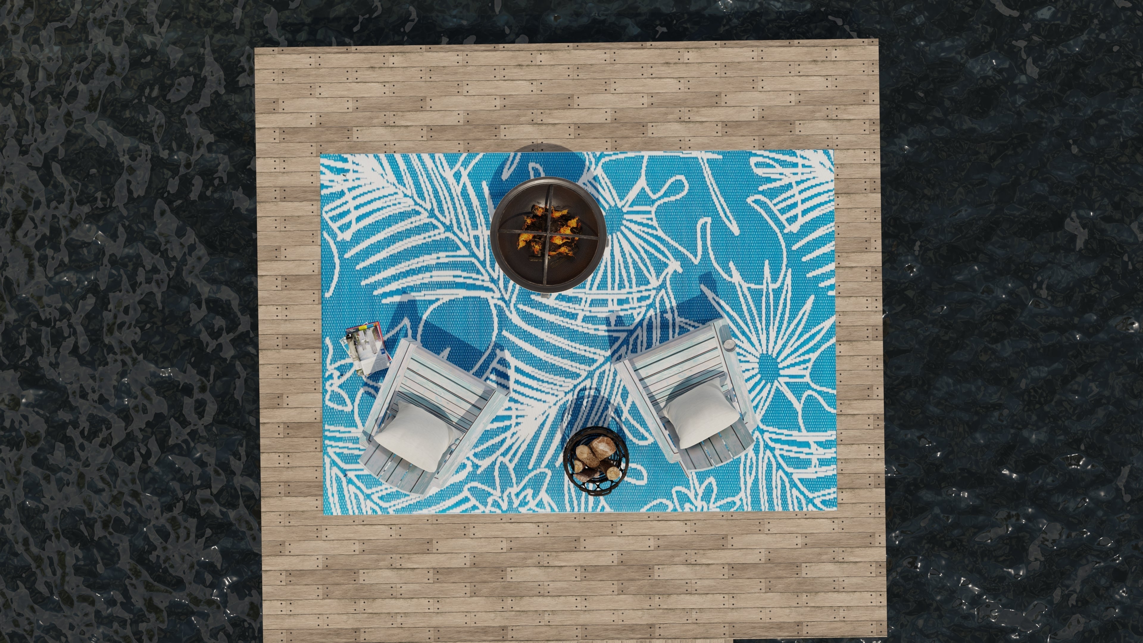 Palm Leaf Turquoise White Outdoor Mat