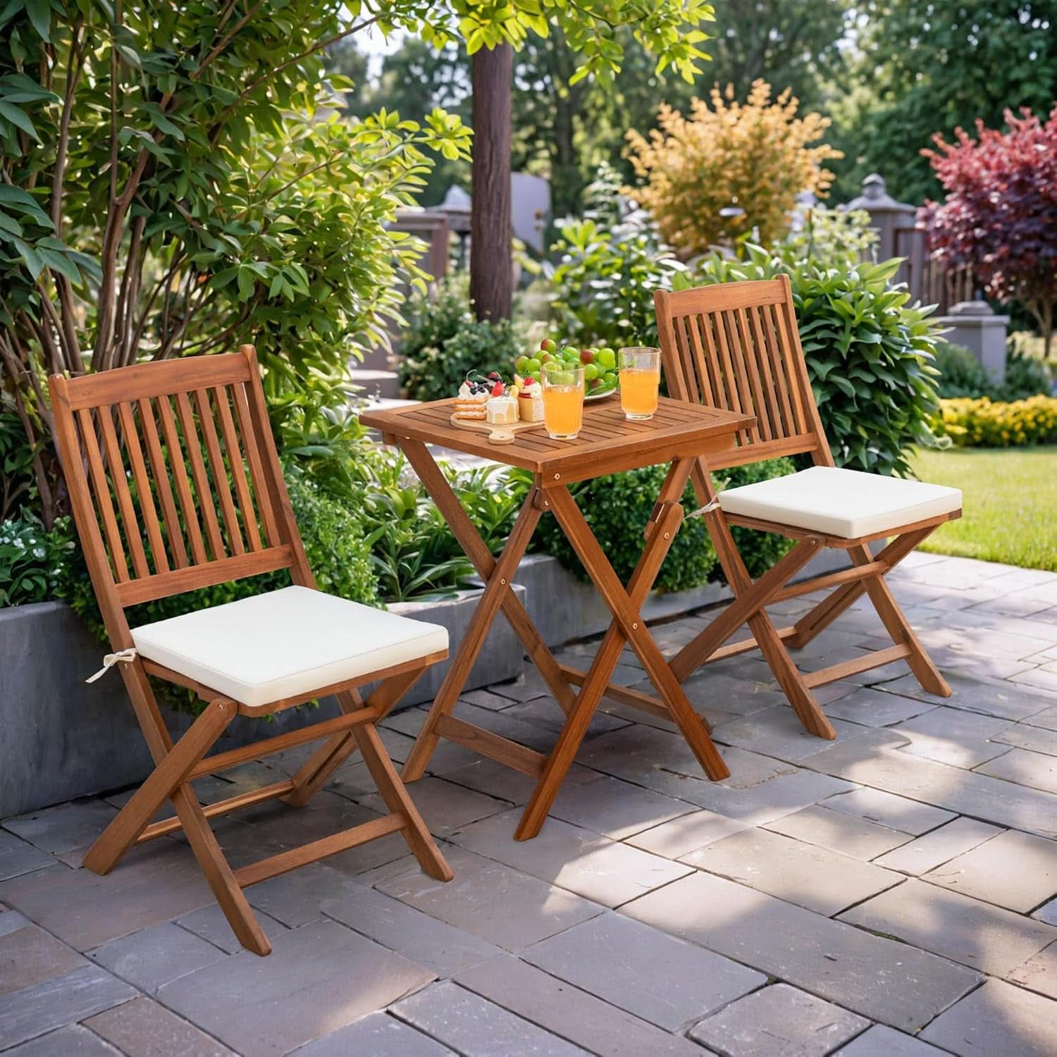 3 Piece Outdoor Folding Bistro Set With Cushions - Acacia Wood