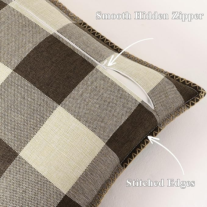 Set of 2 Buffalo Plaid Check Throw Pillow Covers - 22x22, Brown
