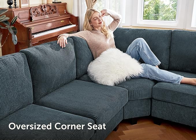 Nolany Sectional Sofa with Storage Ottoman in Blue Corduroy