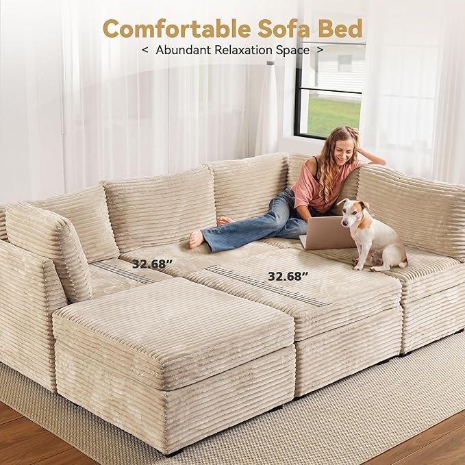 8-Seater Comfy Cloud Modular Sectional with One Movable Ottoman in Tan Corduroy