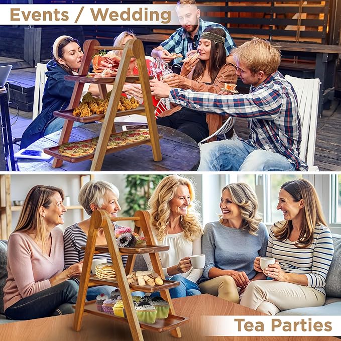 3 Tier Wooden Serving Tray with Tongs