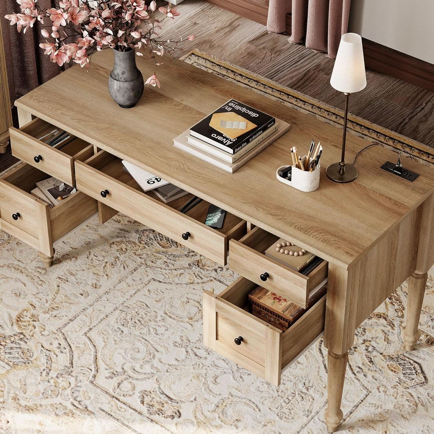 3 Piece Oak Home Office Suite with Executive Desk and 2 Multi-Functional Storage Cabinets