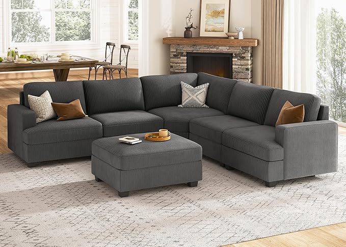 Nolany Sectional Sofa with Storage Ottoman in Gray Corduroy