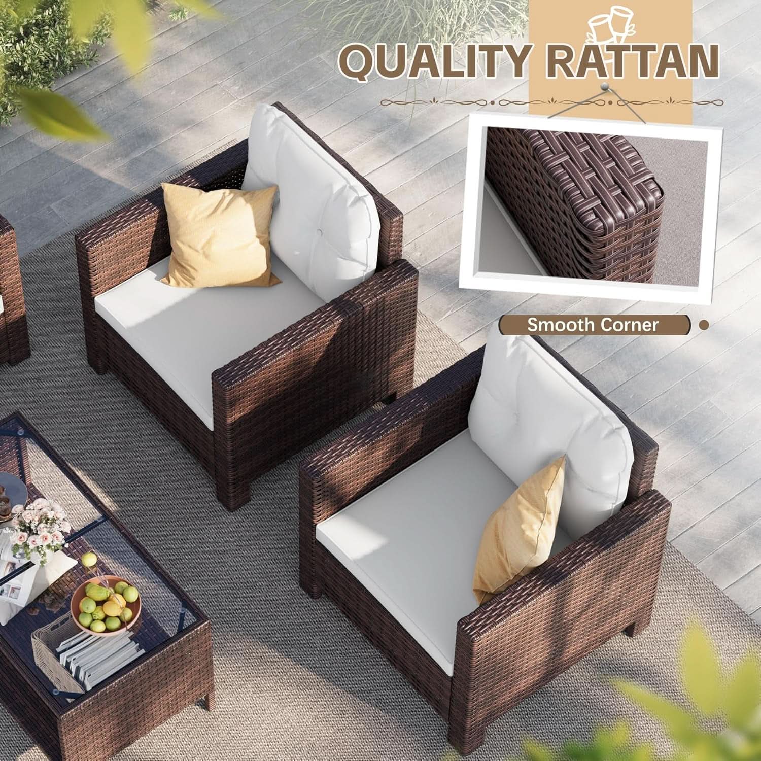 4 Piece Patio Rattan Furniture Set - Dark Brown/Beige