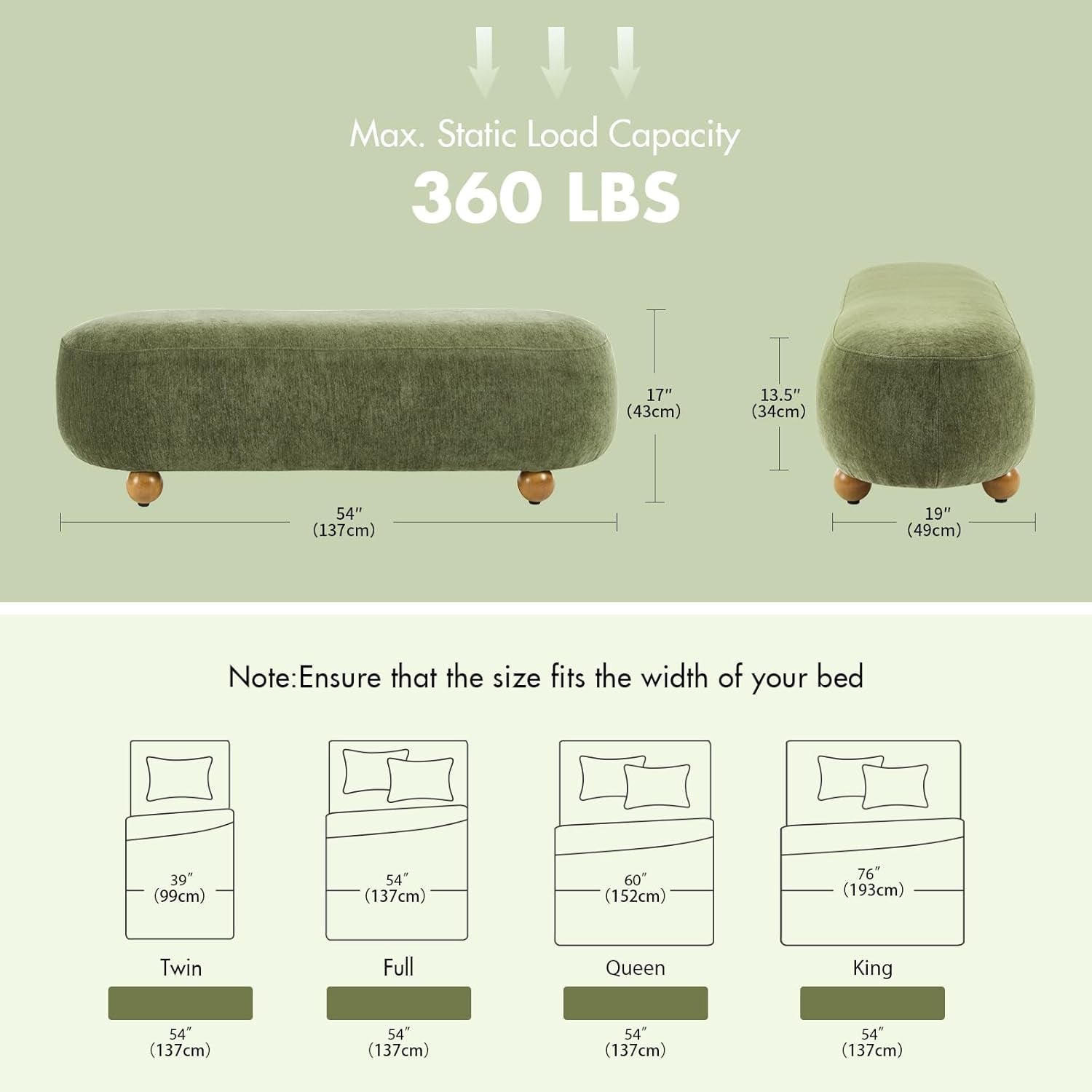 54-Inch Green Velvet Cushioned Bench