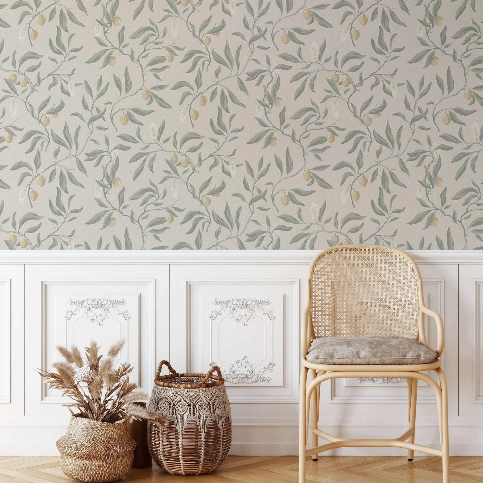 Branches and Lychee Handpainted Peel & Stick Wallpaper in Sage Green