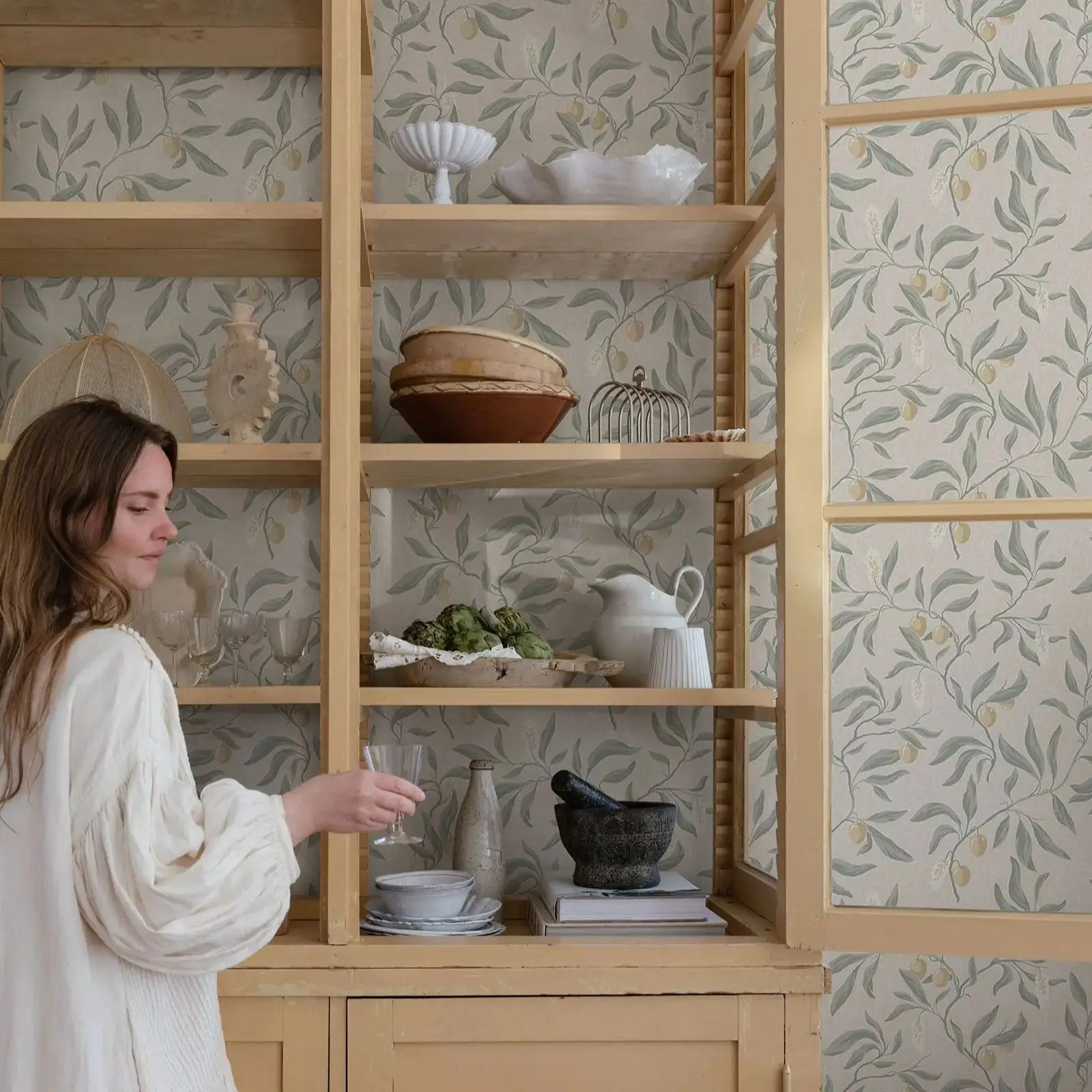 Branches and Lychee Handpainted Peel & Stick Wallpaper in Sage Green