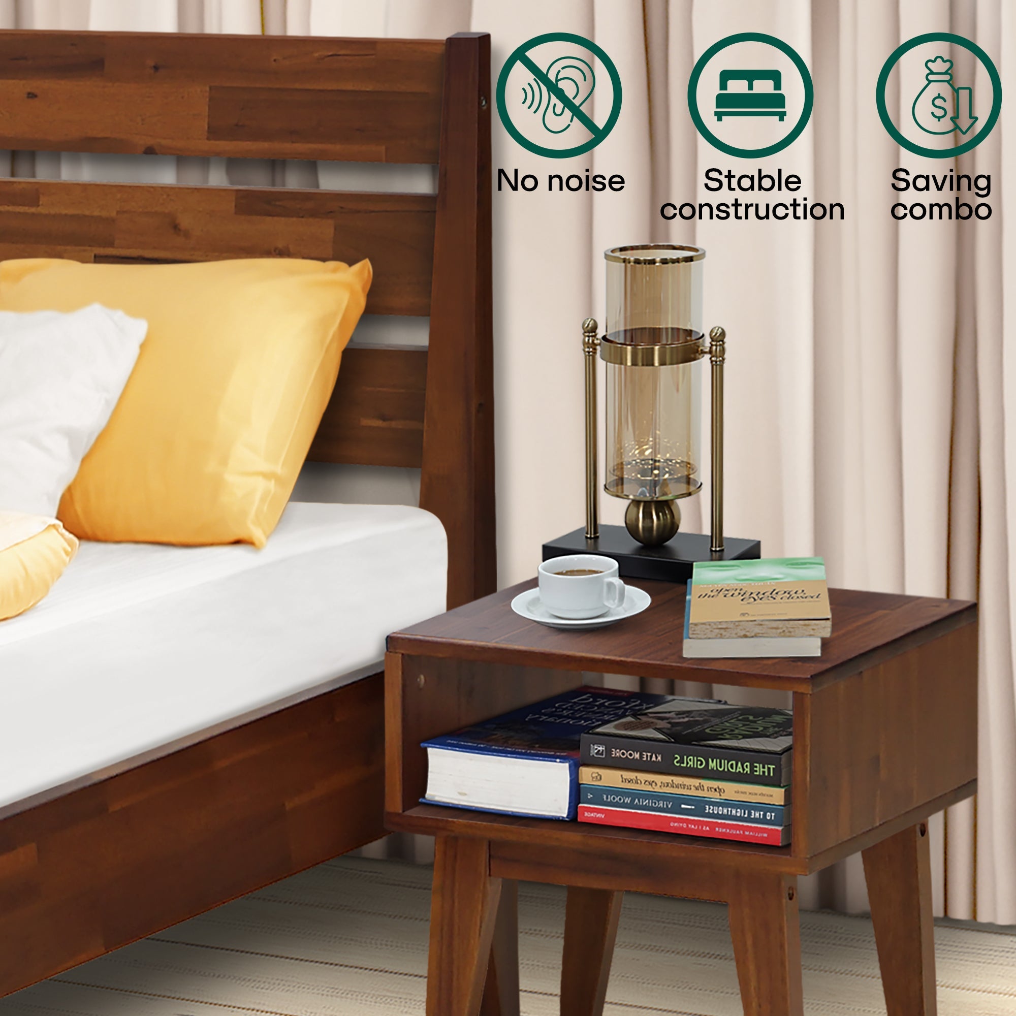 Emery Bed Frame & Nightstand Set - Acacia Solid Wood in Walnut, or Americano