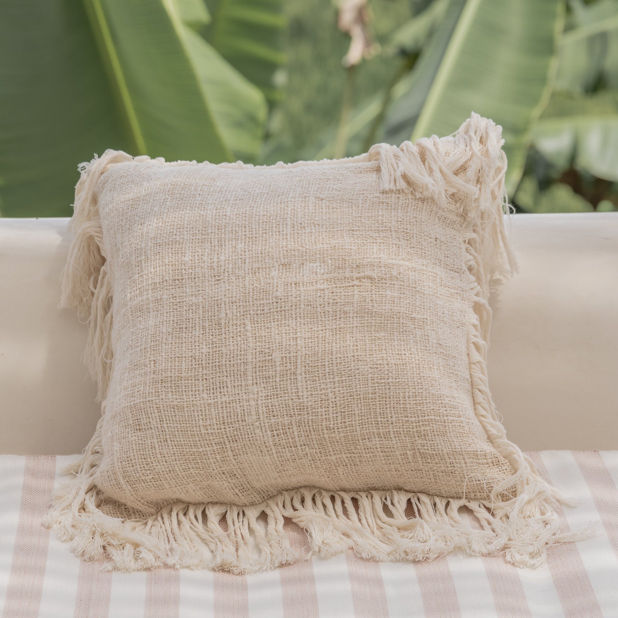 Organic Cotton Fringed Pillow Covers - Natural