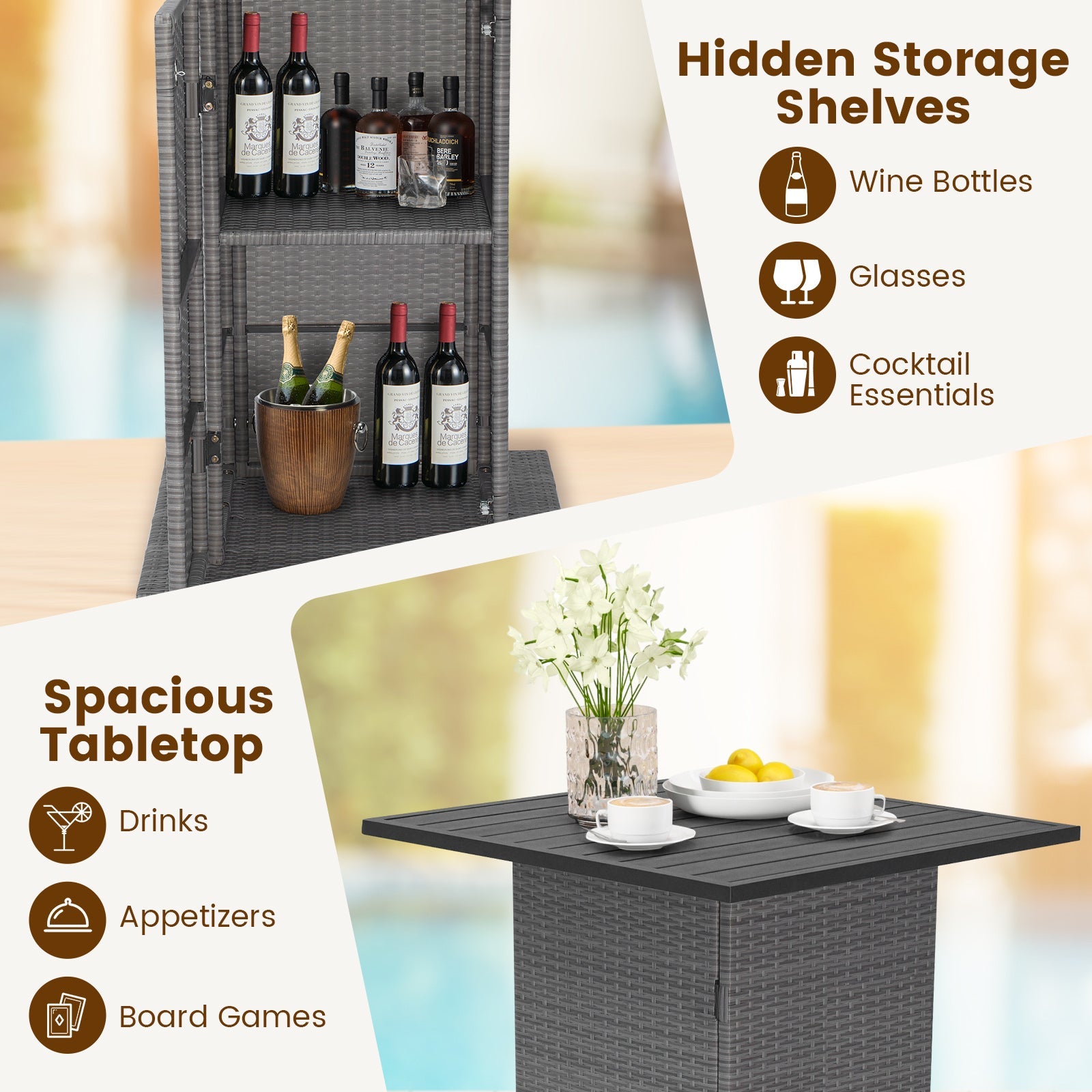 Outdoor Wicker Bar Dining Set with Hidden Storage Shelves - 5 Pc Set