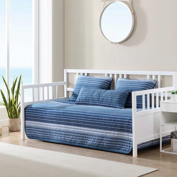 4 Piece Coastal Blue Navy White Stripes Cotton Daybed Cover Bedding Set