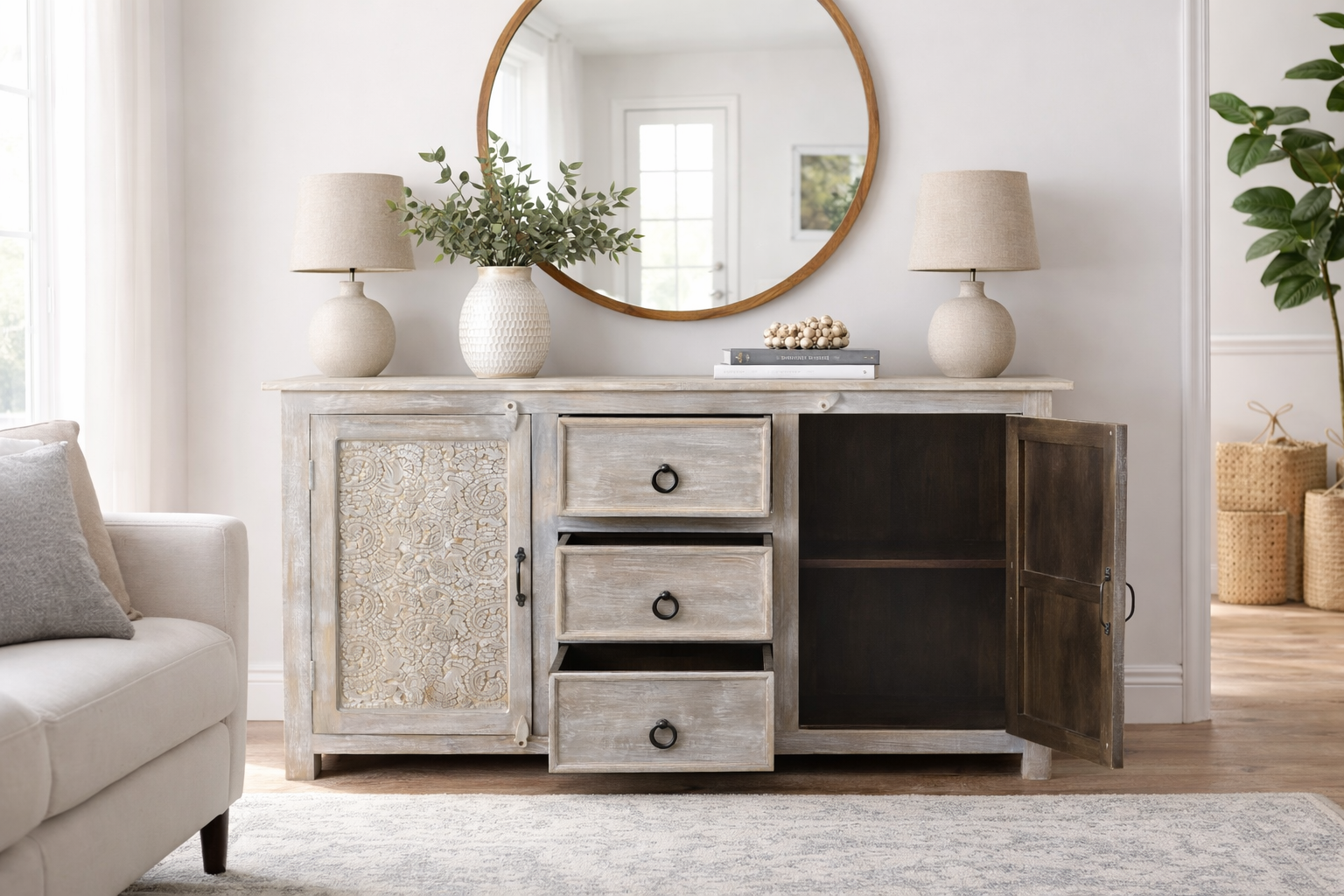 Timbergirl Handcarved Antique Finish 2-Door Sideboard Cabinet